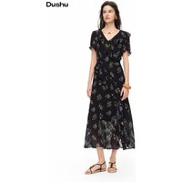DUSHU 2026 Summer Women's Subtle Grid Floral Dress with Flounce Trim - Sweet Feminine Style for Daily and Date Nights
