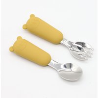 New Little Bear Cartoon Stainless Steel Spoon and Fork 304 Auxiliary Food Spoon and Fork Baby