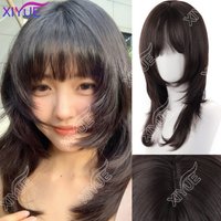 XIYUE Synthetic Brown Black Medium Straight Jellyfish Wig with Bangs Natural Layered Wig Suitable for Women Daily Party