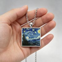 Van Gogh Necklace Art Starry Night Sunflower Necklace Glass Cabochon Painting Square Pendant Printed Photo Necklace Wholesale