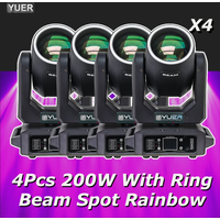 4Pcs 200W LED With Ring Beam Spot Moving Head Light With 18 Rotating Prism Rainbow Effect DMX512 Disco Party CLub Stage Lights