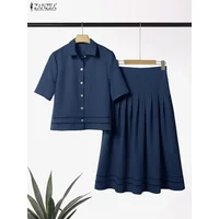 Elegant Women 2 Piece Sets ZANZEA 2026 Summer Outfits Lapel Short Sleeve Shirt Dress Sets Stylish OL Work Tracksuit Skirt Suit
