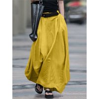 Autumn Women's Vintage Simple Skirt Summer Fashion Loose Solid Cotton Linen High Waist Casual Beach A-line Maxi Skirts Female