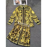 Designer retro geometric positioning printed two-piece long-sleeved shirt 2026 spring women's dress+pleated loose skirt suit