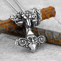 Viking Mjolnir Thor's Hammer Sheep Head Stainless Steel Pendant Necklace Scandinavian Pagan Norse Rune Totem Amulet Jewelry Gift