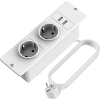 EU White Recessed Power Strip with 2 USB A Ports Built-in Socket Multi Outlet Extension Cord for Desk Kitchen Worktop Furniture