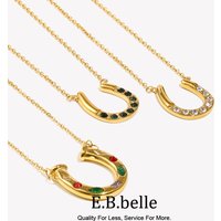 E.B.belle Creative Mix Color Rhinestone U-shape Pendant Necklace Women's Jewelry 18K Gold Plated Stainless Steel Trendy Gift