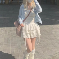 Kawaii Patchwork Lace Up Japanese Cutecore Mini Skirt Summer Lolita Skirt Women Harajuku White High Waist A-line Lace Skirt