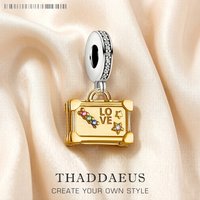 Vintage Suitcase Golden Pendant 925 Sterling Silver Dangle Charm Women Men Fine Jewelry