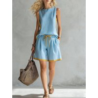 Summer Shorts Set Contrasting Colors Comfortable Resort Style Sleeveless Round Neck Vest Lace-up Wide-leg Shorts Two-piece Set