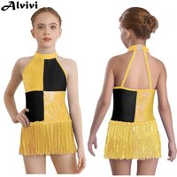 Teen Girls Sleeveless Shiny Sequins Tassel Latin Jazz Dance Leotard Cha-cha Samba Rumba Tango Skating Gymnastics Bodysuit Dress