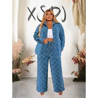Denim 2 Piece Set Women Jeans and Jacket Winter Casual Outfits Long Sleeve Denim Plaid Coat and Pants Sets Plus Size Clothes