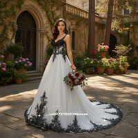 Gothic Black And White Wedding Dress Lace Appliques Spaghetti Straps Vintage Long Tulle Bridal Gown Court Train Customized