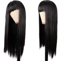Women Long Straight with Flat Bangs Synthetic Hair Heat Resistant Fiber Hair for Party Cosplay Wig Black Wigs Women