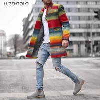 Men Trench Coat Rainbow Stripes Slim Single Breasted Turn-down Collar Long Sleeve Fall New Fashion Mens Clothing Lugentolo
