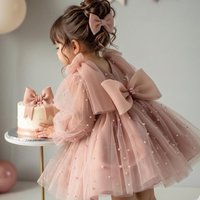 Cute Baby Girl Dress Tulle Puffy Kid's Birthday Dresses Knee-Length Short Flower Girl Dress Pearl Bow First Communion Gown