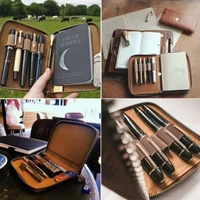 Handmade A6 Leather Notebook Cover with 5-slot Pen Holder, Vintage Leather Zipper Protective Cover for Journals Notepad Diary