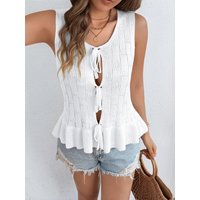 Women's Elegant Round Neck Solid Color Sleeveless Lace Up Ruffle Knitted Cardigan for Spring Summer Casual White Khaki Vest Tops