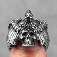 Gothic Skull Wing Ring Men 316L Stainless Steel Skeleton Ring Rock Party Punk Dark Heavy Metal Jewelry Halloween Gift Biker Ring