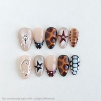 10pcs Handmade Nude Brown Star Pattern French Press on Nails Almond Long Full Cover Wearable Reusable Trendy False Nails 2026