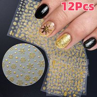 12Pcs/Set 3D Christmas Gold Snowflakes Nail Art Stickers New Year Winter Self-Adhesive Sliders Xmas Snowflake Manicure Decals &