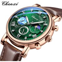 CHENXI Fashion Men's Star Dial Watch, Chronograph Moon Phase Date Quartz Wristwatches Genuine Leather Strap Watches For Man