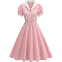 1950s Hepburn Style Button Front Patchwork Swing Dress Women Summer Notched Collar Short Sleeve Solid Color A-Line Pleated Dress