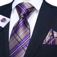 Purple Striped Plaid Silk Tie Set Pocket Square Cufflinks Wedding Accessories 8cm Ties Gift For Men Dropshipping Wholesale Items
