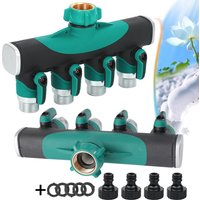 Heavy Duty Metal 4 Way 3/4'' Thread Faucet Splitters with Outdoor Water Tap Connectors Shut Off Valves for Garden Hose Adapter
