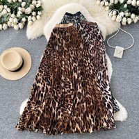 Women's Leopard Print High Waist Pleated A Line Maxi Skirt Flowy Elastic Waist Casual Elegant Party Workwear Long Skirt
