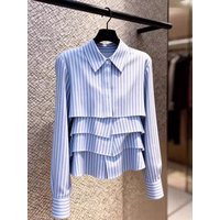 Elegant Tiered Ruffle Striped Blouse - Point Collar Long Sleeve Cropped Shirt Sophisticated Office & Daily Wear Chic Sweet Lady