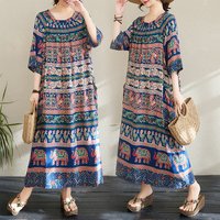 Summer New Loose Cotton Printed Women's Dr Ethnic Sle Thin Material Large Size Artistic Faion plus Size Long Sve Dr