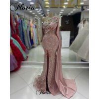 One Shoulder Blush Pink Evening Dresses Mermaid Crystals Popular Prom Dresses Vestidos De Gala Host Costumes Coutures Gowns