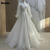 Customized Muslim Fashion A-line Wedding Dresses Draped Pleat Paillette Pearls Ruffle Brush Train Bride Dress robe de mariée