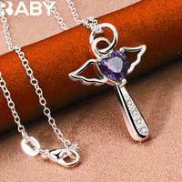 URBABY 925 Sterling Silver With 16-30 inch Chain Amethyst Heart Cross Pendant Necklace For Women Wedding Party Gifts Jewelry