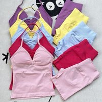 Women Gym Suit Clothes Longline Strappy Top Bras Seamless Running Shorts Sports 2 PCs Fitness Suit Running Workout Yoga Set