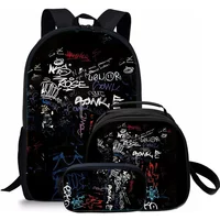 Cool English Letter Graffiti Black Three Piece Set Backpacks for Boy and Girls Best Gifts 2D Cartoon School Bag for Children