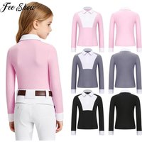 Girls Equestrian Sports Shirt Turn Down Collar Long Sleeve Buttons Closure Breathable Lightweight for Riding Performance