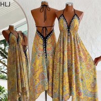 HLJ Fashion Women Bohemian Maxi Dresses Yellow Print Halter Neck Deep V Neck Backless Dress Summer Beach Vacation Sundress New