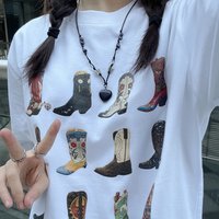 Summer loose retro Bohemian Texas T-shirt, boots Western women's T-shirt, cowgirl denim cute pattern T-shirt, hippie T-shirt