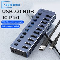 10/7 Port USB Hub USB 3 0 5Gbps Aluminum Splitter Multiple Extension Dock with On/Off Switches 12V Power Adapter for PC Laptop