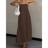 Women Sexy Solid Color Strapless Backless Shirring A-line Bandeau Maxi Party Dress