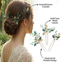 3pc/Set Emerald Green Bridal Wedding Rhinestone Hair Clips Gold Leaf Women Hairpiece Crystal Hair Accessories Hair Sticks