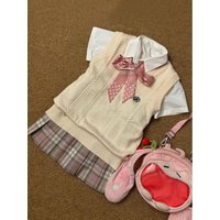 Women's School Uniform Set Vest Top Versatile College Style Knitted Sweater Skirt Three-piece Set Regular Fit Short Sleeve