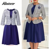 Mlaiscsr Luxury African Mid Dresses Ses for Women Office Lady Long Sleeve Print Jacket Coat and Mid Dress Two Piece Suit Vestido