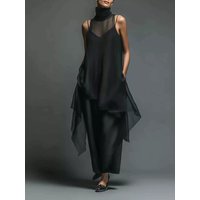 Elegant Solid Satin Dress 2PC Fashion Turtleneck Mesh Cover-up With Halter Dress Sets Casual Women Loose Commute Two Piece Sets