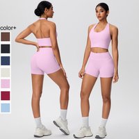 2picese Women Yoga Suit Solid Color High Waist Hip Push Up Fitness Shorts Sexy Pilates Backless Gym Hanging Neck Bra Yoga Set