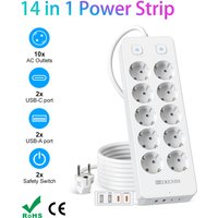 10 Way European Power Strip with 2 USB A 2 USB C PD20W fast charging Multiprise Socket Double switch Surge Protection 2m cable