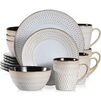 VANCASSO PLUVO 16/32/48 Piece Grey Embossed Stoneware Tableware Set with Dinner/Dessert Plate/Soup Bowl/Mug Service for 4/8/12