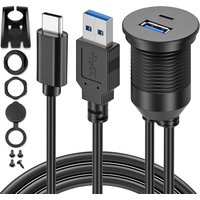 1M USB-A & Type-C Extension Cable Dual Ports Male to Female Flush Mount Panel Waterproof Cord for Car Dashboard Boat Motorcycle